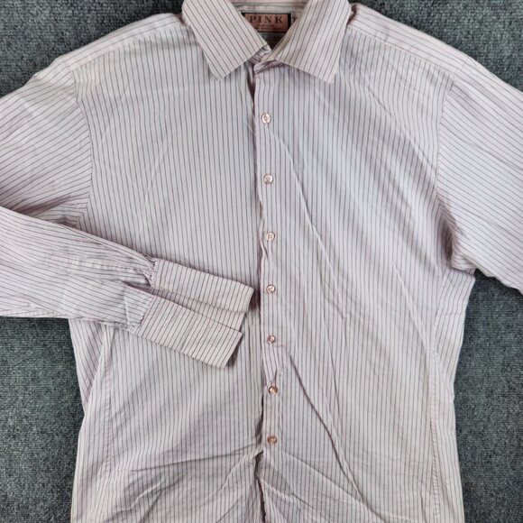 Thomas Pink Long Sleeve Button Up Shirt Men Cotton Striped Pink Slim Size 17 - Picture 2 of 14